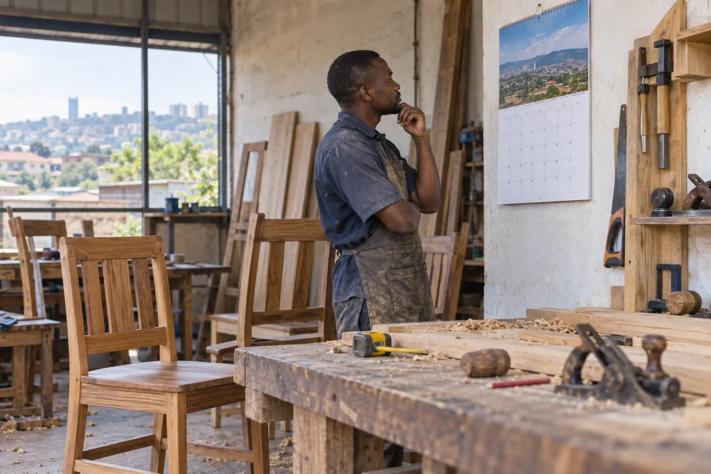 A carpenter reviewing a calendar beside a workshop bench.
