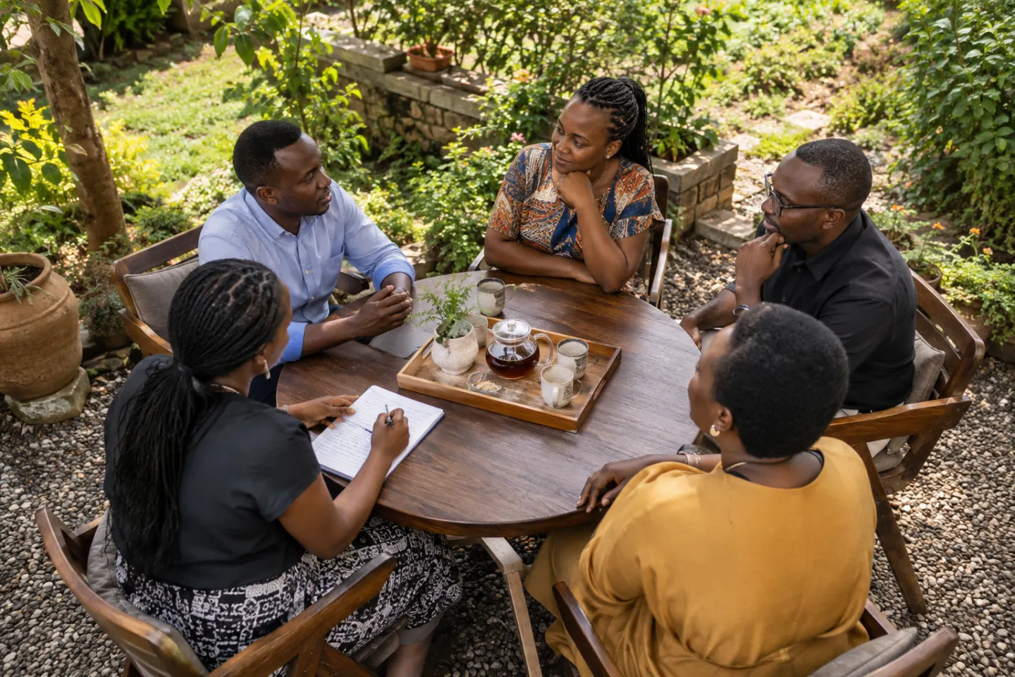 Abantu batanu b’itsinda baganira, umwe yandika ibyo bumvikanyeho.