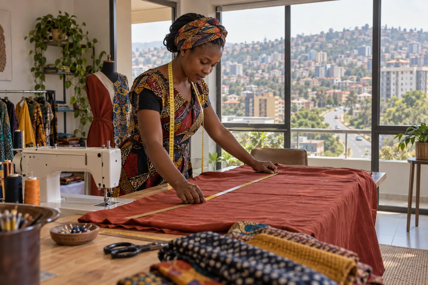 A tailor working beside windows overlooking city buildings and a winding road.