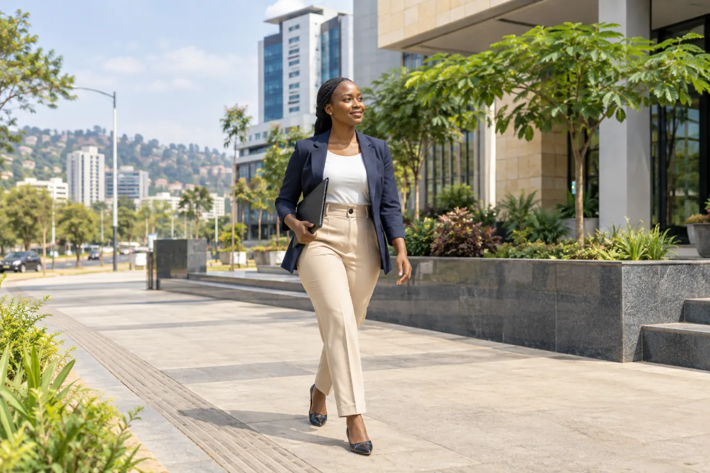 Umugore agenda ku muhanda yitwaje dosiye ifunze.
