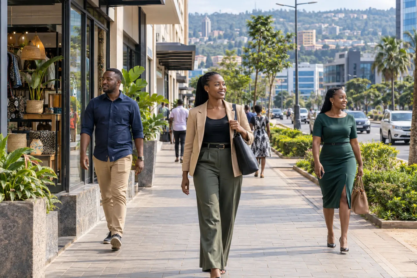Abantu ku muhanda w’ubucuruzi mu mujyi ugaragaza Kigali.
